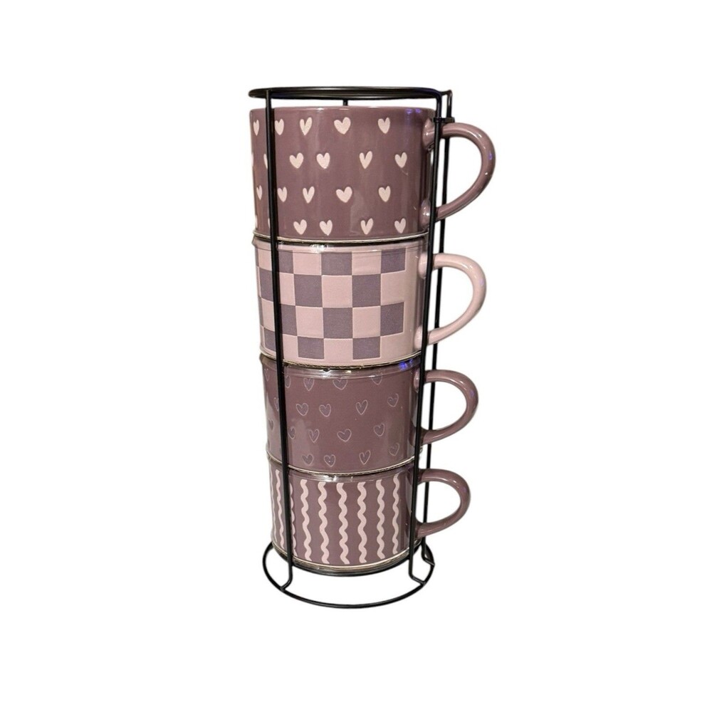 Thyme & Table Purple Pink Ceramic Stacking Mugs With Stand - Set Of 4 - NWT
